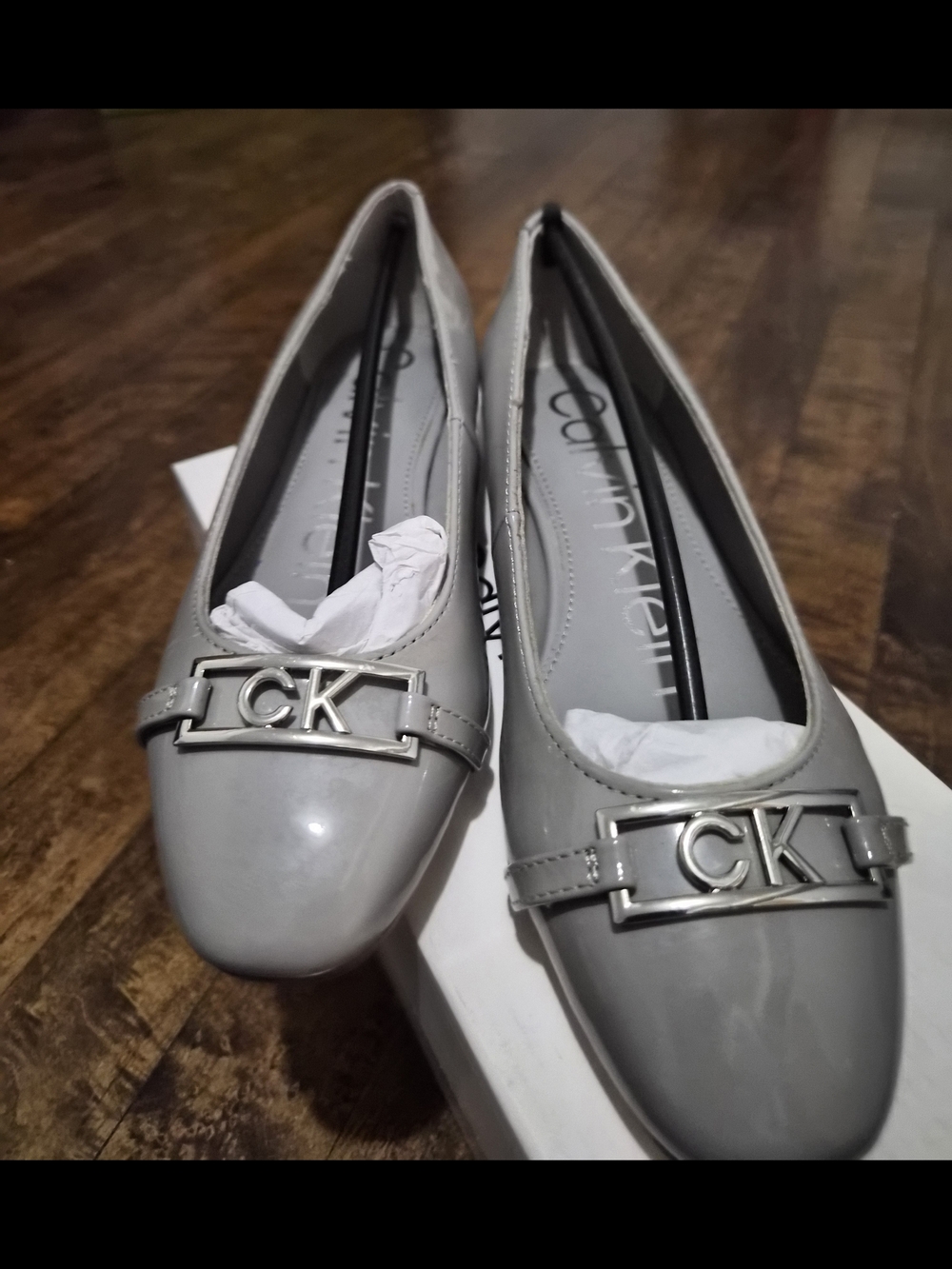 Calvin Klein Light Gray Patent Leather Logo Ballet Flats
